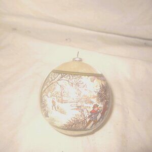 VTG SATIN BALL W/PLASTIC WRAP SCENE, BY CURRIER & IVES